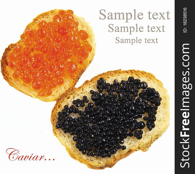 Black and red caviar on a white background