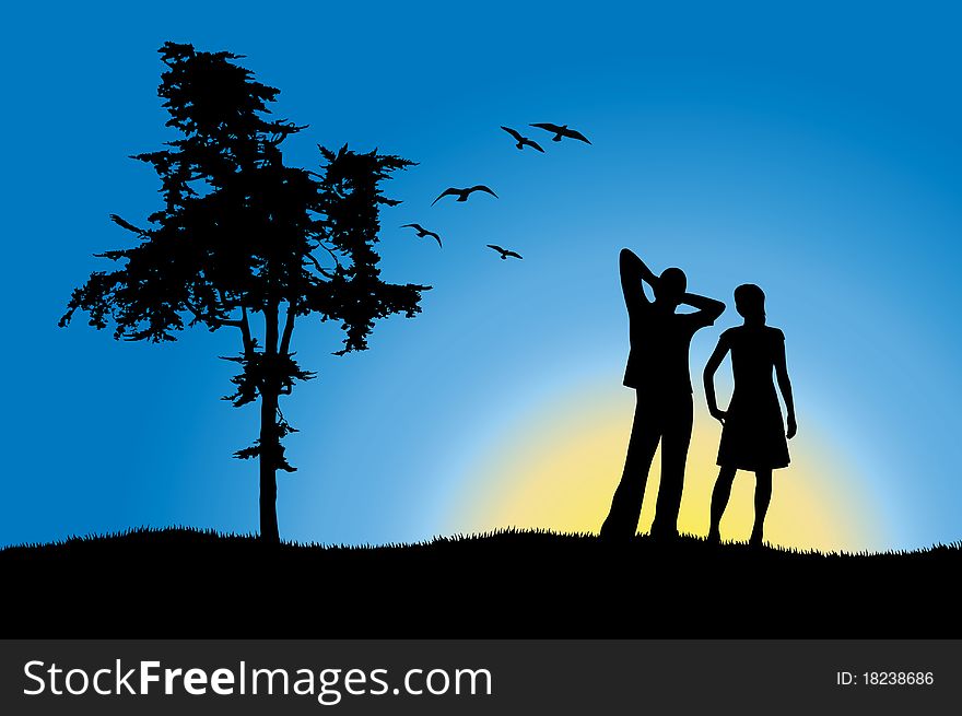 Man and girl standing on hill near tree, blue background