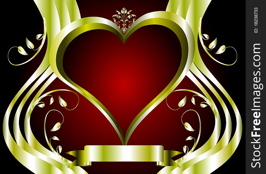A valentines background with a series of gold hearts on a deep red backdrop and a large central heart with room for text. A valentines background with a series of gold hearts on a deep red backdrop and a large central heart with room for text