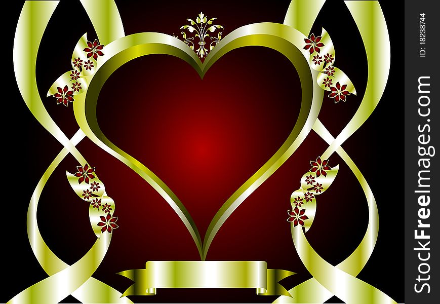 A valentines background with a series of gold hearts on a deep red backdrop and a large central heart with room for text. A valentines background with a series of gold hearts on a deep red backdrop and a large central heart with room for text