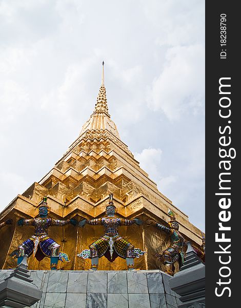 Mythological figure of the indian epic ramayana, the demon guardian, guarding the buddhist temple in wat phrakeaw, Bangkok-Thailand