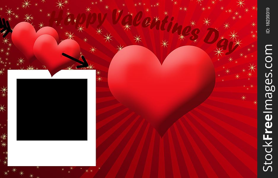 Blank instant photo frame and hearts on Valentines Day background