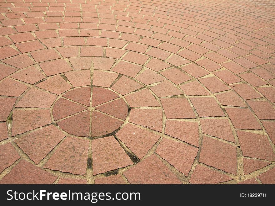 Bricks on a sidewalk, arranged in a circular pattern.