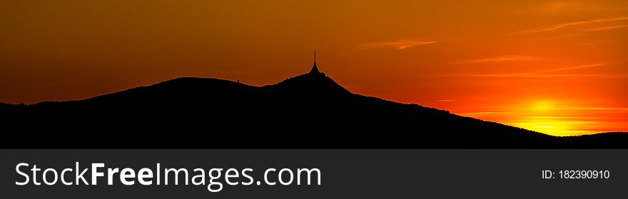 Silhouette Of Jested Mountain At Sunset Time, Liberec, Czech Republic. Panoramic Shot