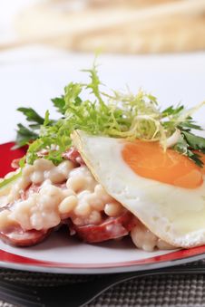 White Beans With Sausage And Fried Egg Stock Photo White Beans With Sausage And Fried Egg Stock Photo