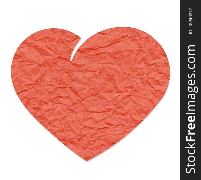 Red heart shape, isolated on white background, cut out from grungy crumpled package paper. Red heart shape, isolated on white background, cut out from grungy crumpled package paper