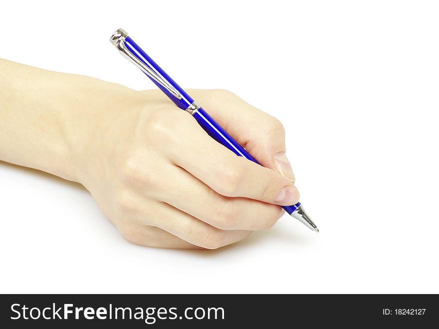 Hand holding pen isolated on white background