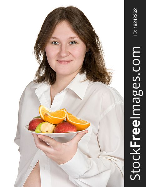 Portrait of attractive pregnant woman with fruits over white. Portrait of attractive pregnant woman with fruits over white