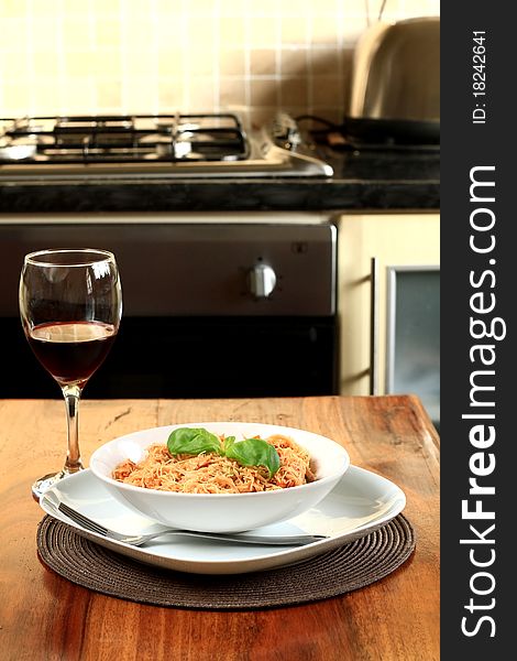 Image of tasty chinese noodles with glass of red wine. Image of tasty chinese noodles with glass of red wine