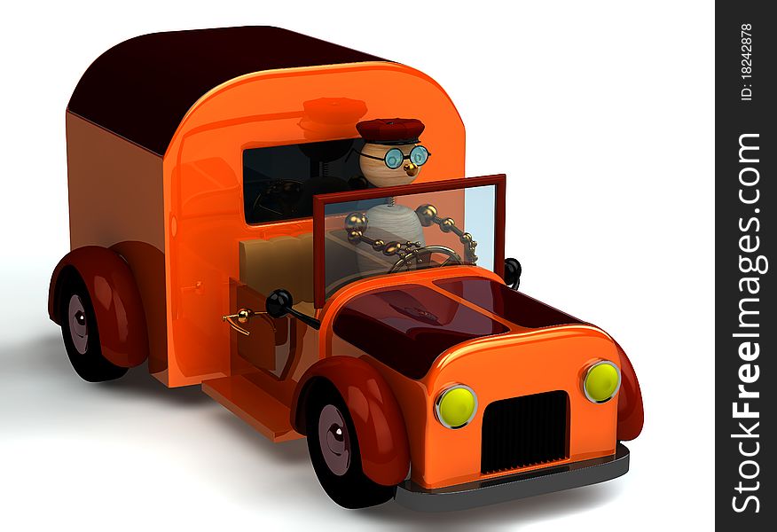 3d wood man as a driver in the truck