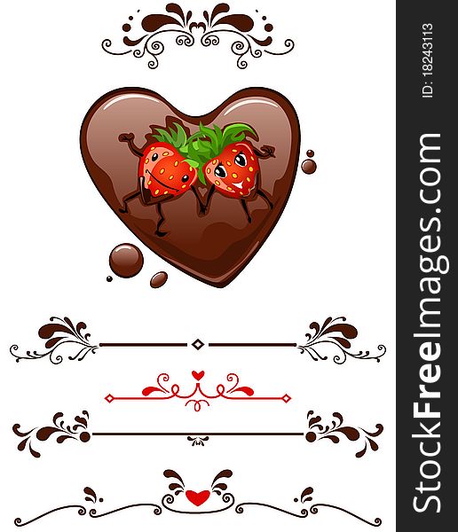 Cartoon strawberry supine in chocolate heart and decorative elements. Cartoon strawberry supine in chocolate heart and decorative elements