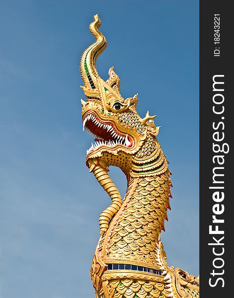 King of naga with blue sky in thai temple