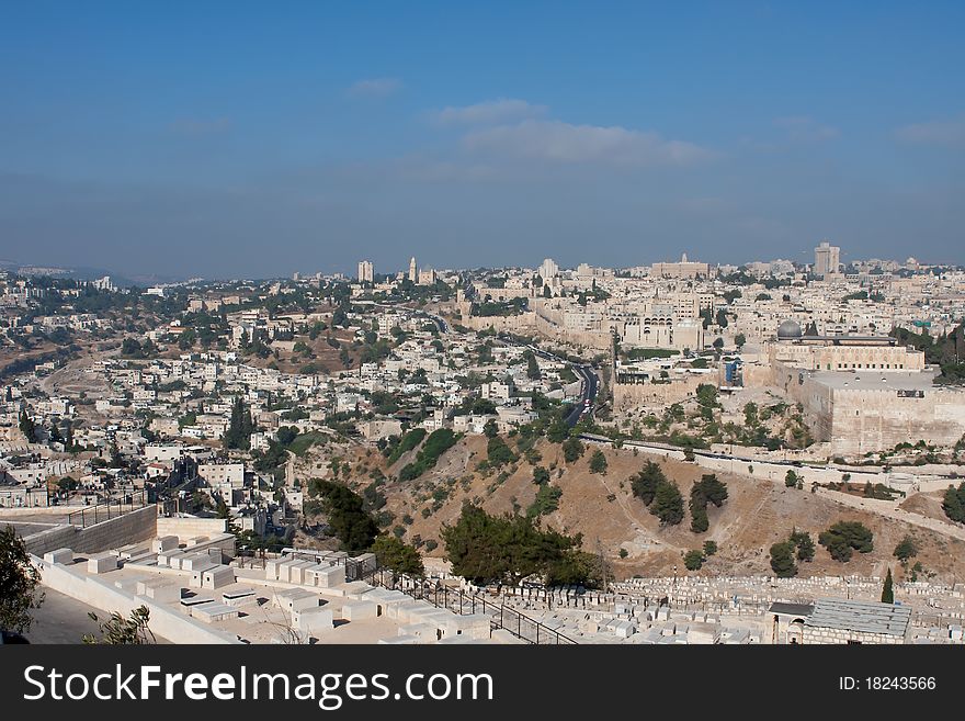 Jerusalem view - old city, mosque, church, synagogue