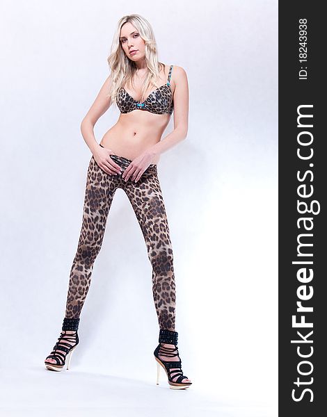 Beautiful blond girl in cheetah lingerie, long legs. Beautiful blond girl in cheetah lingerie, long legs