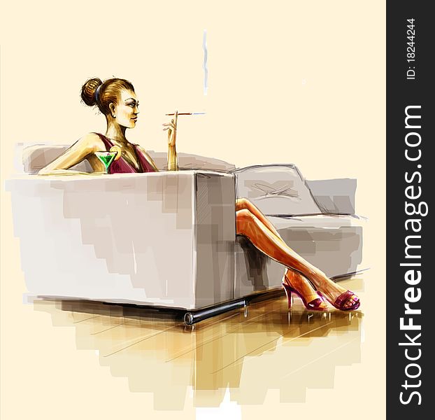 Lady Sitting On The Sofa And Smoke