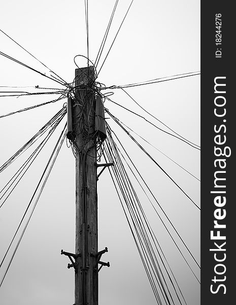 Electric pylon, balck and white, separated picture, as a symbol of a center of a network. Electric pylon, balck and white, separated picture, as a symbol of a center of a network