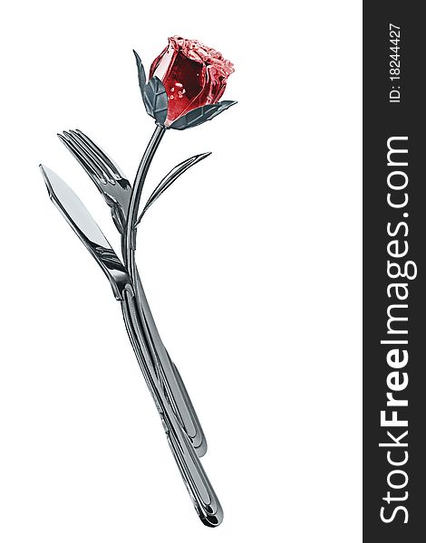 Metal Rose Fork And Knife Isolated