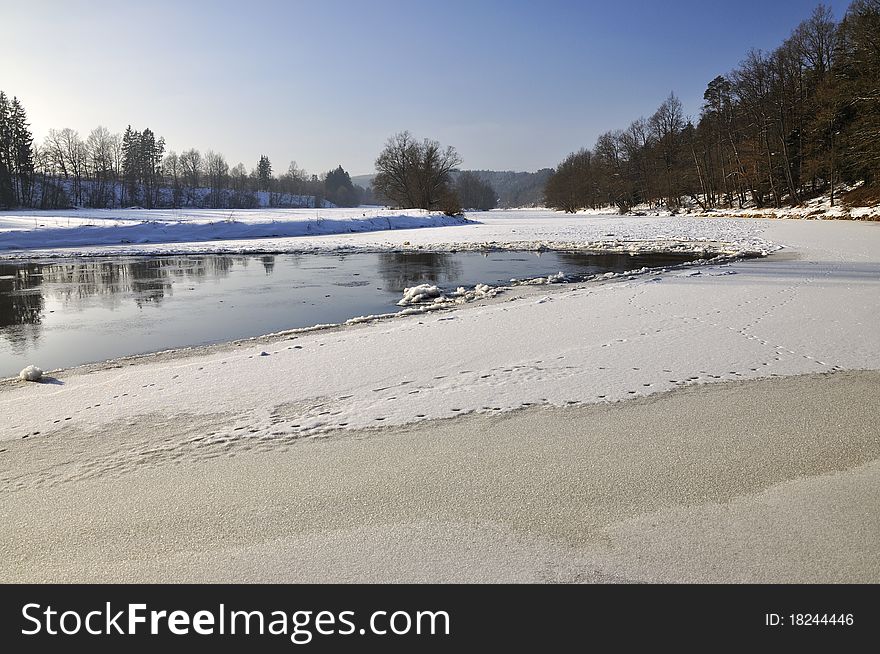 Frozen river Luznice in The Czech Republic