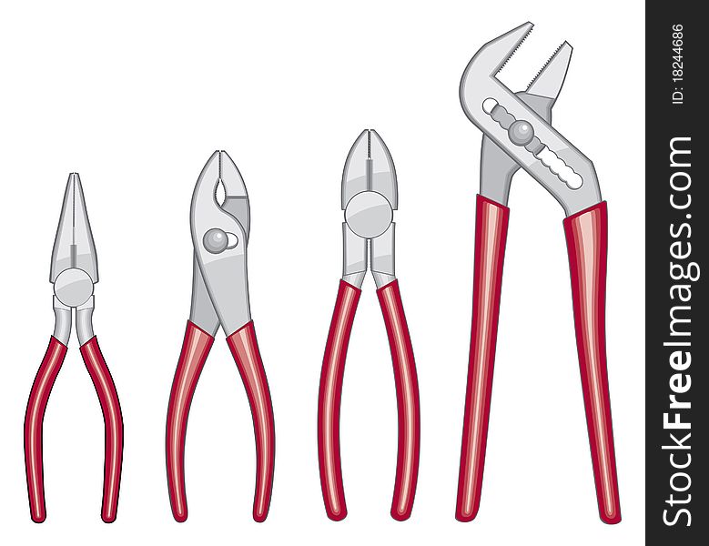 Illustration of four types of pliers with red handles