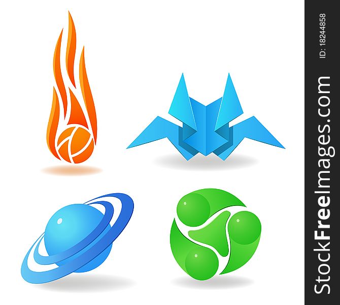 Vector illustration. Set of abstract symbols, sphere, flame, green