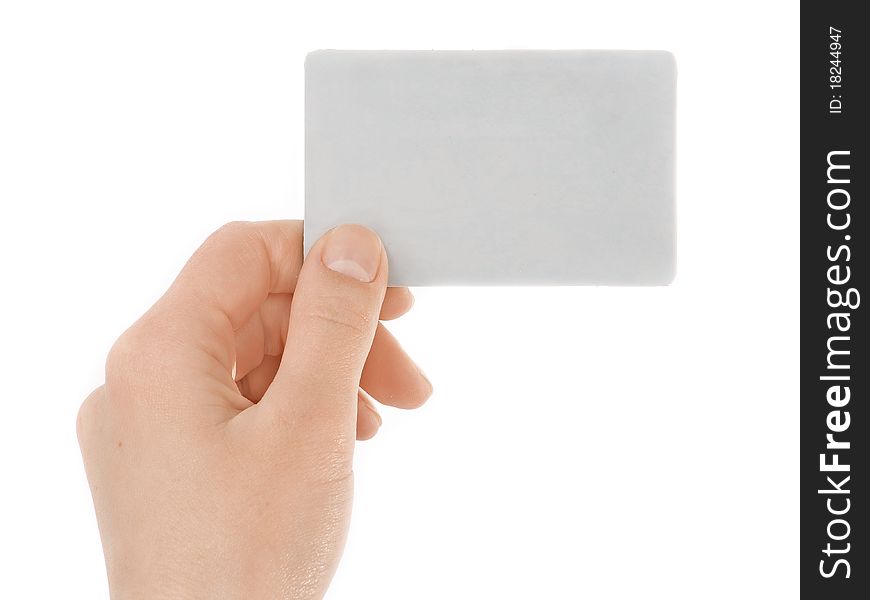 Hand holding a business card isolated on white background. Hand holding a business card isolated on white background