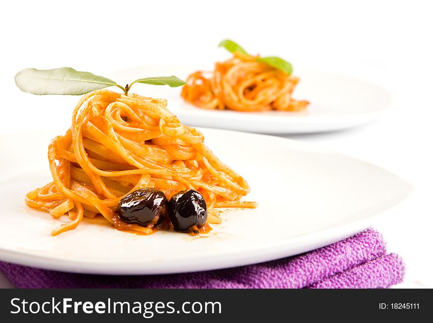 Spaghetti with olives and tomatoesauce. Spaghetti with olives and tomatoesauce