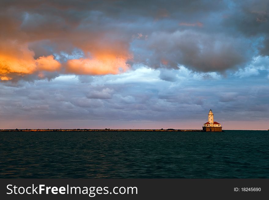 View of old Chicago harbor lighthouse from Navy Pier.