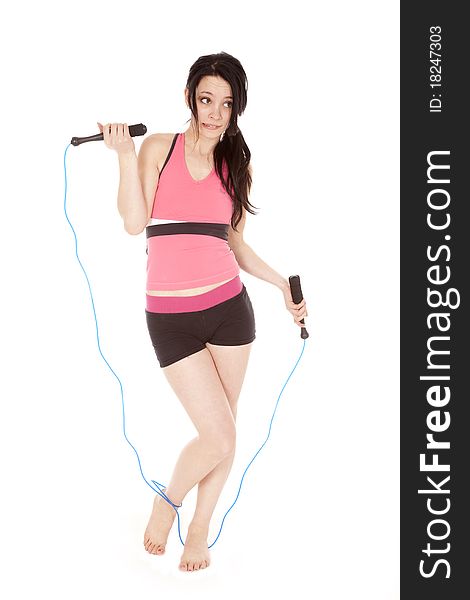 A woman is caught in a jump rope. A woman is caught in a jump rope.