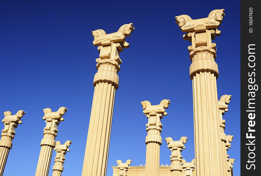 Array of columns in the Persian style with horse capitals at a winery in Napa, California. Array of columns in the Persian style with horse capitals at a winery in Napa, California.