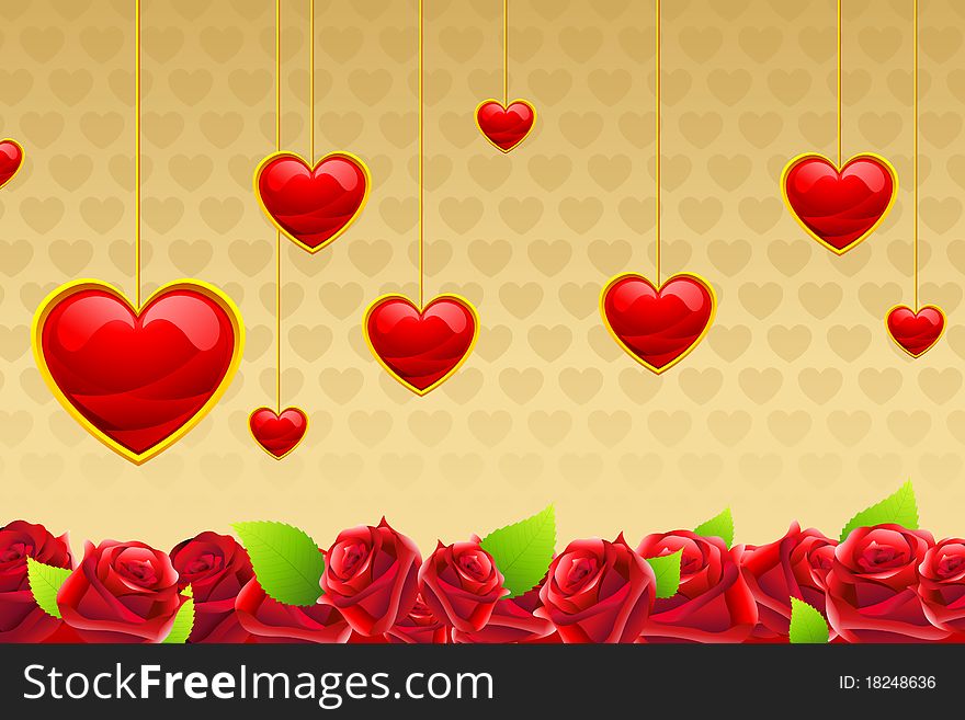 Illustration of valentine card with hanging hearts on bed of roses