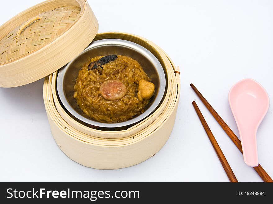 Chinese steamed dimsum rice in bamboo containers traditional cuisine