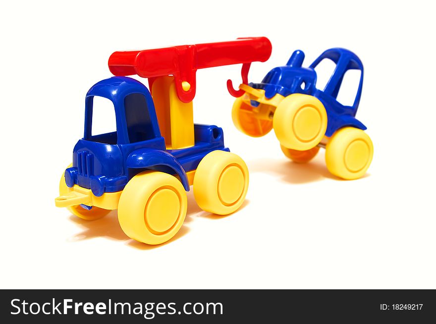 Photo of the toy trucks on white background