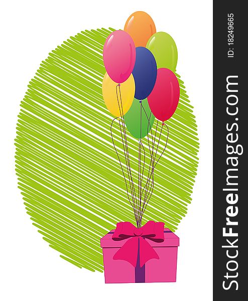 Greeting card with many colored balloons and present box. Greeting card with many colored balloons and present box