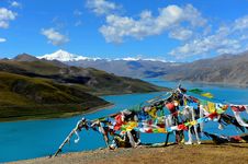 Holy Lake And Prayer Flags Royalty Free Stock Photography Holy Lake And Prayer Flags Royalty Free Stock Photography