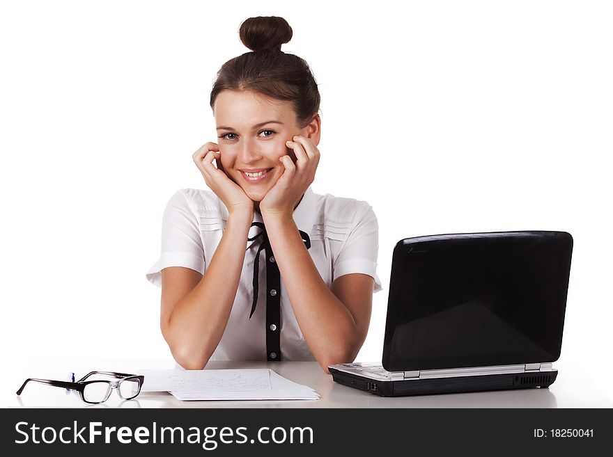 The friendly young woman sitting at your desk looks coquettishly. A series of modern, airy office. The friendly young woman sitting at your desk looks coquettishly. A series of modern, airy office.