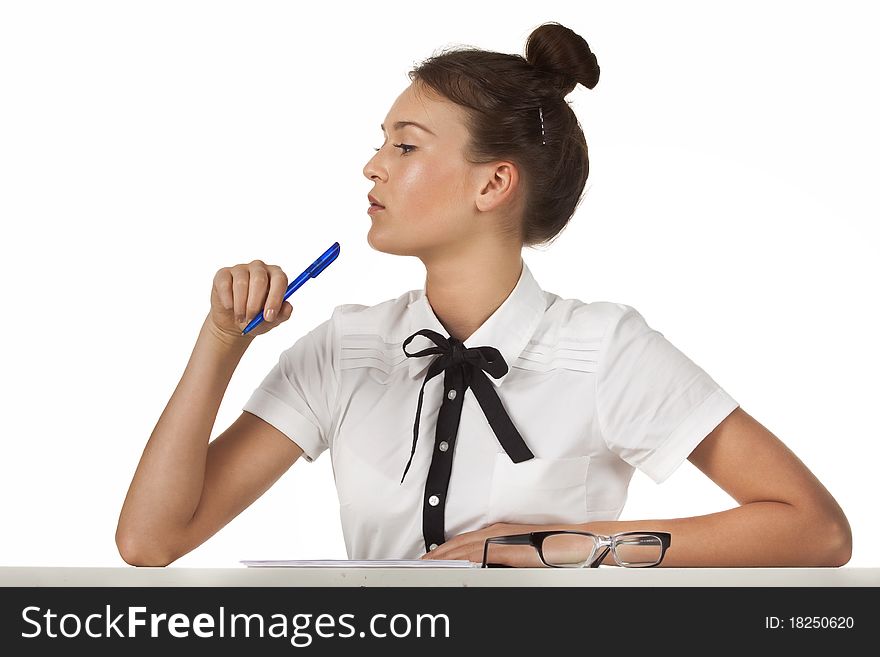 Brunette Sitting At The Table Work With Document