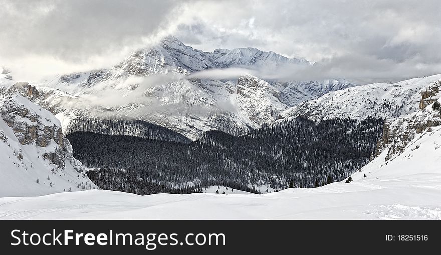 A winter landscape of the Dolomites in Italy. A winter landscape of the Dolomites in Italy.