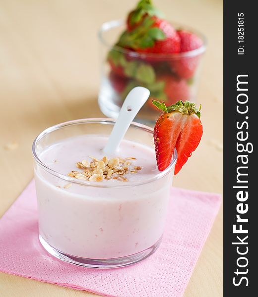 Yogurt breakfast with strawberry and oatmeal