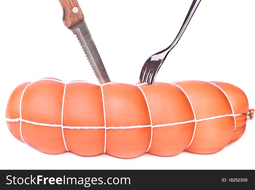 Cooked Sausage With Knife And Fork