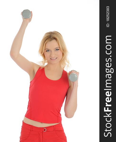 Portrait of fitness woman working out with free weights. isolated on white background