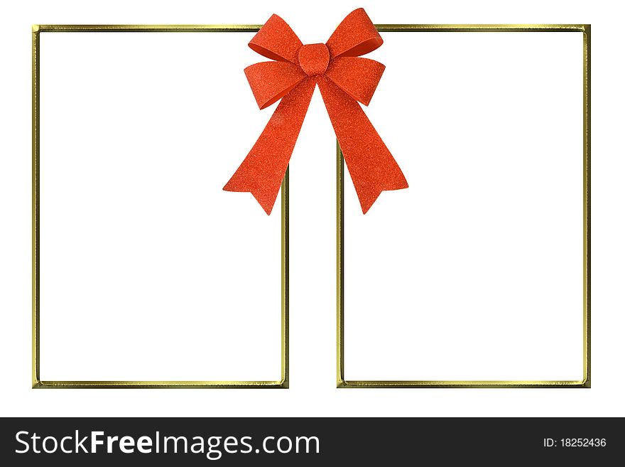 Gold frames for two pictures together with a red bow isolated on white background