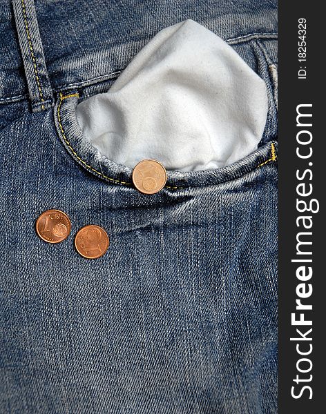 Three cents of euro falling from jeans, concept of crisis. Three cents of euro falling from jeans, concept of crisis