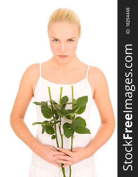 Woman with roses in the white background