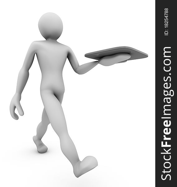 3D image, a character with a tray on white background. 3D image, a character with a tray on white background