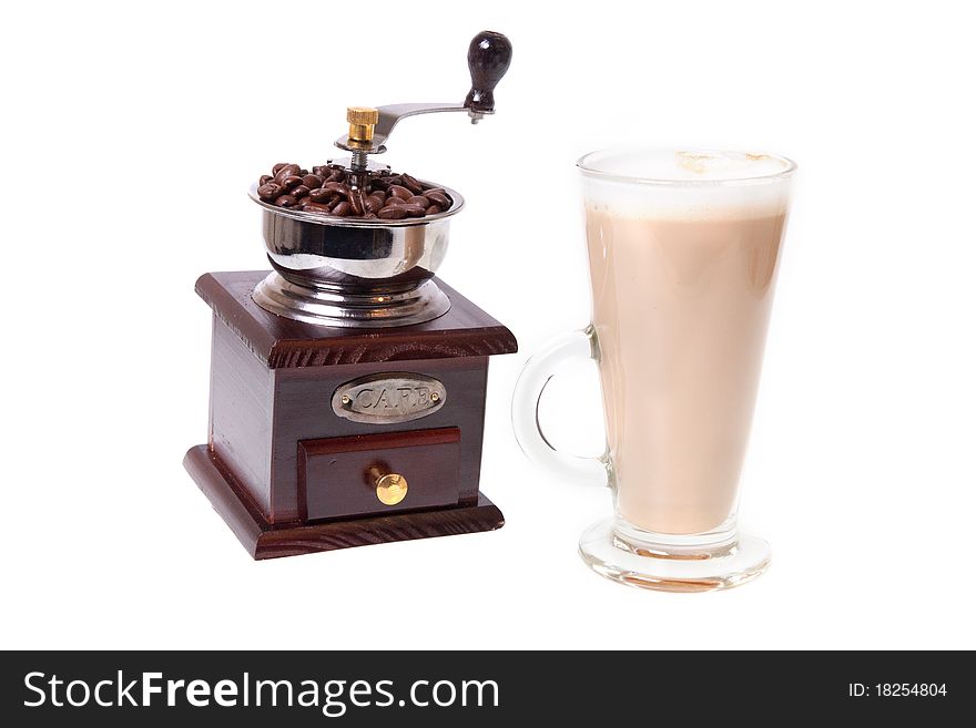 Coffee cup and grinder in white background