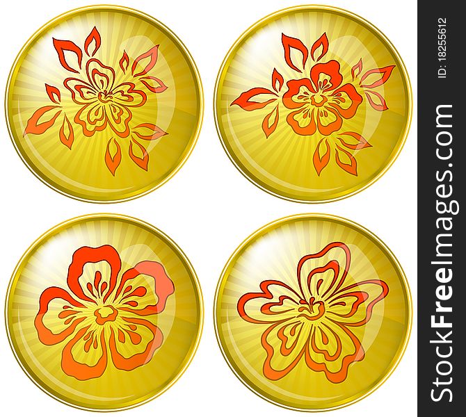 Set icons, red flowers on gold buttons, eps10. Set icons, red flowers on gold buttons, eps10
