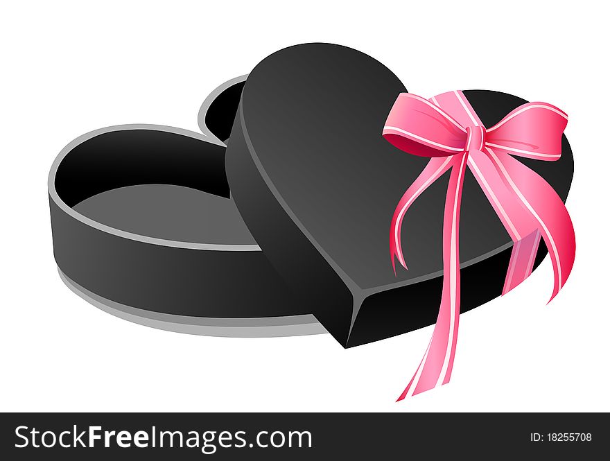 Black gift box illustration, heart box with pink ribbon