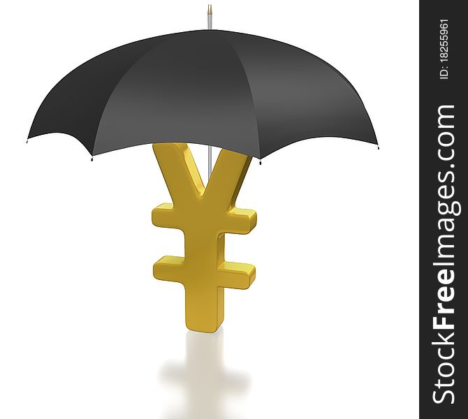 Japanese yen sign protected by umbrella