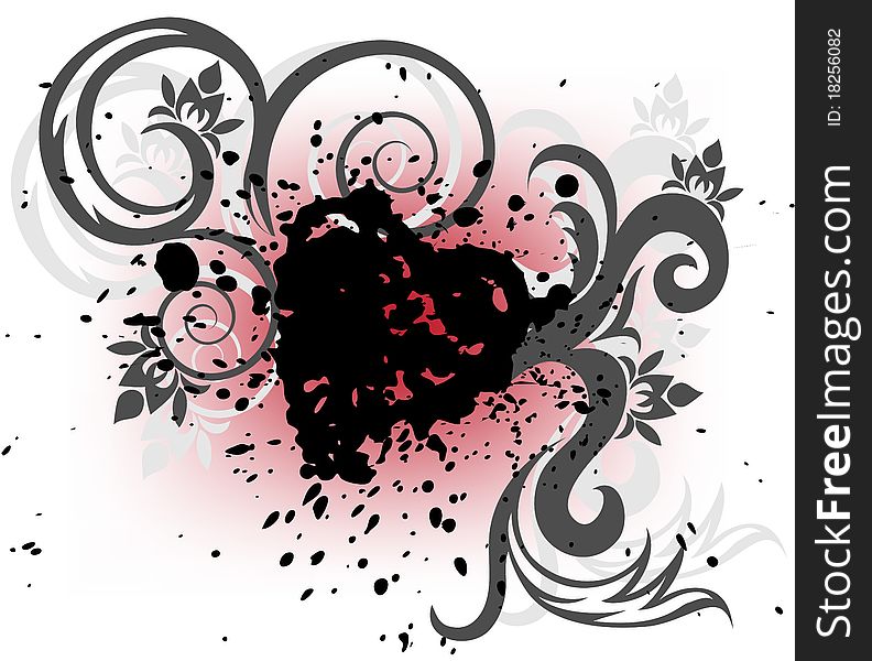 Stylized heart of the black splashes and curls on a white and red background. Stylized heart of the black splashes and curls on a white and red background