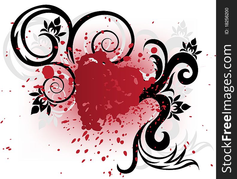 Stylized heart of red spray and black curls on a white background. Stylized heart of red spray and black curls on a white background